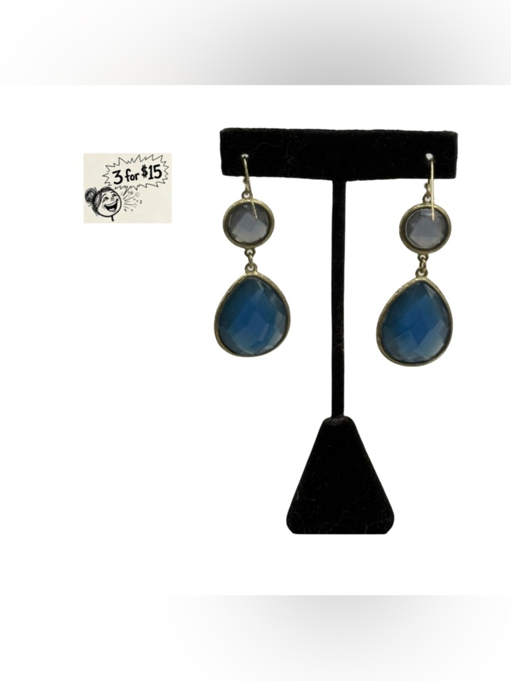 Gold-Trim Blue Teardrop Dangle Earrings
